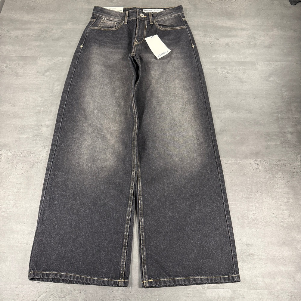 Bershka Jeans Women 2 Boyfriend Faded Black Wide Leg Baggy Cross Accent NEW $60